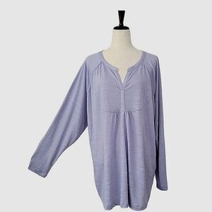 Sonoma Purple Textured Split V-neck Gathered Long Sleeve Stretch Blouse Size 2X